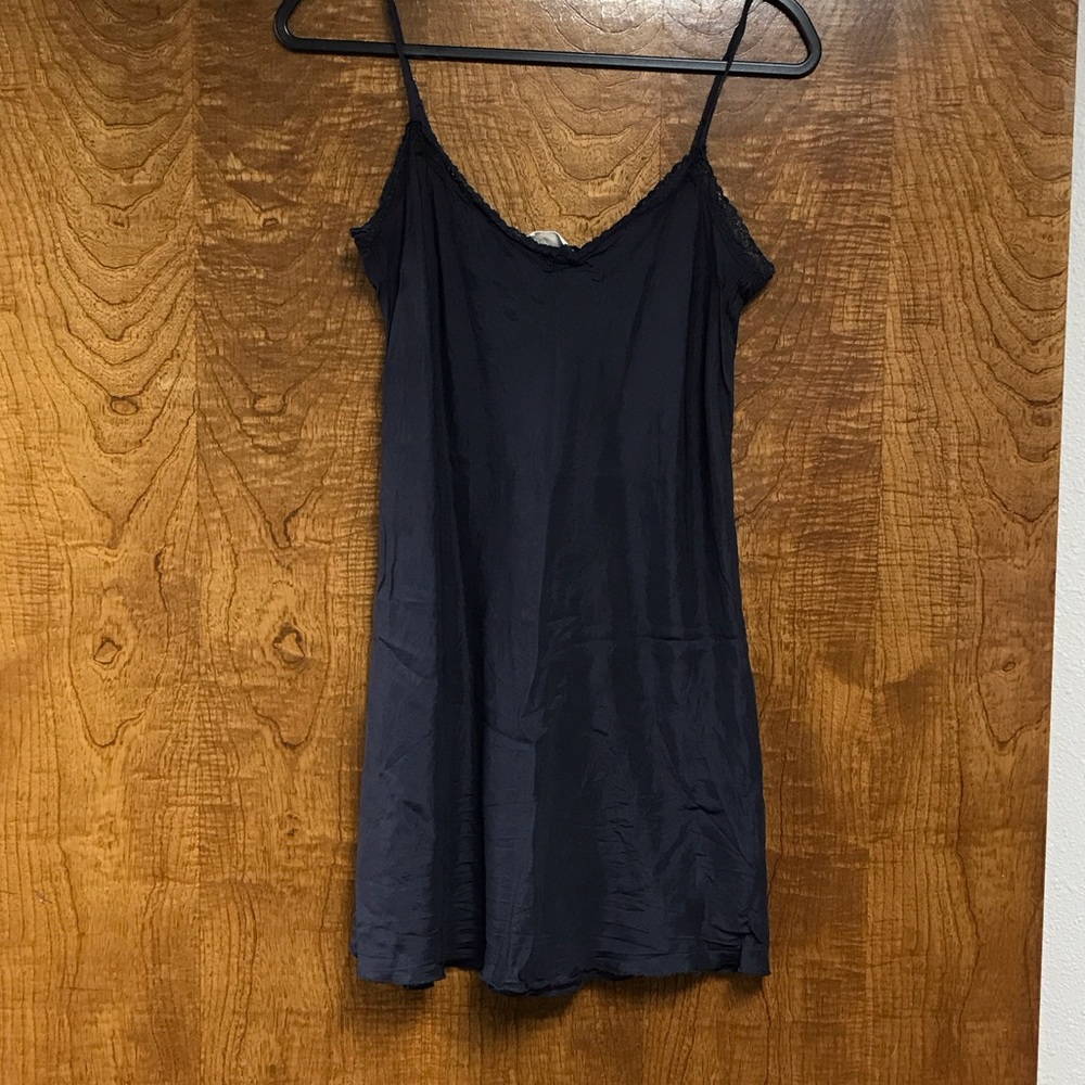 Black Satin Slip Midi Dress with Lace Trim